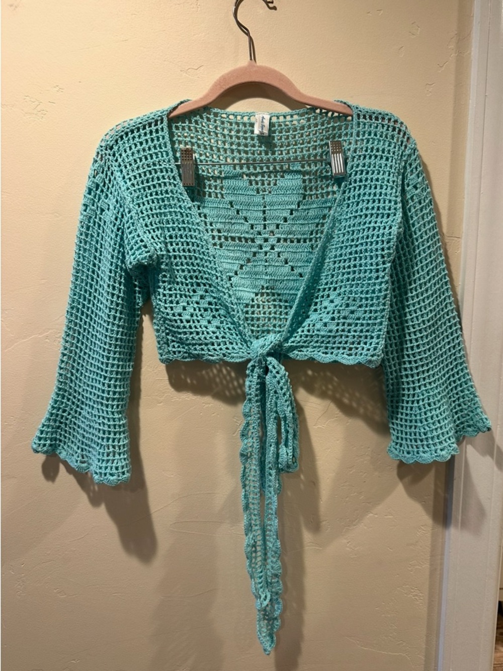 Turquoise Crochet Tie-Front Shrug
